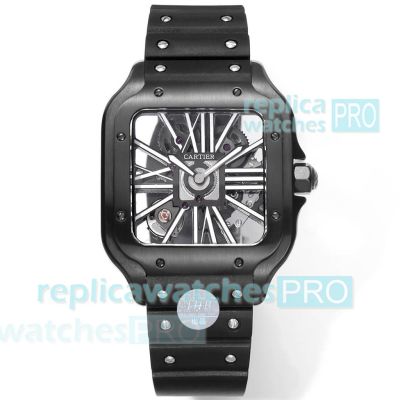 THB Factory Swiss Clone Cartier Santos Skeleton 39.8mm Black Watch Rubber Strap 